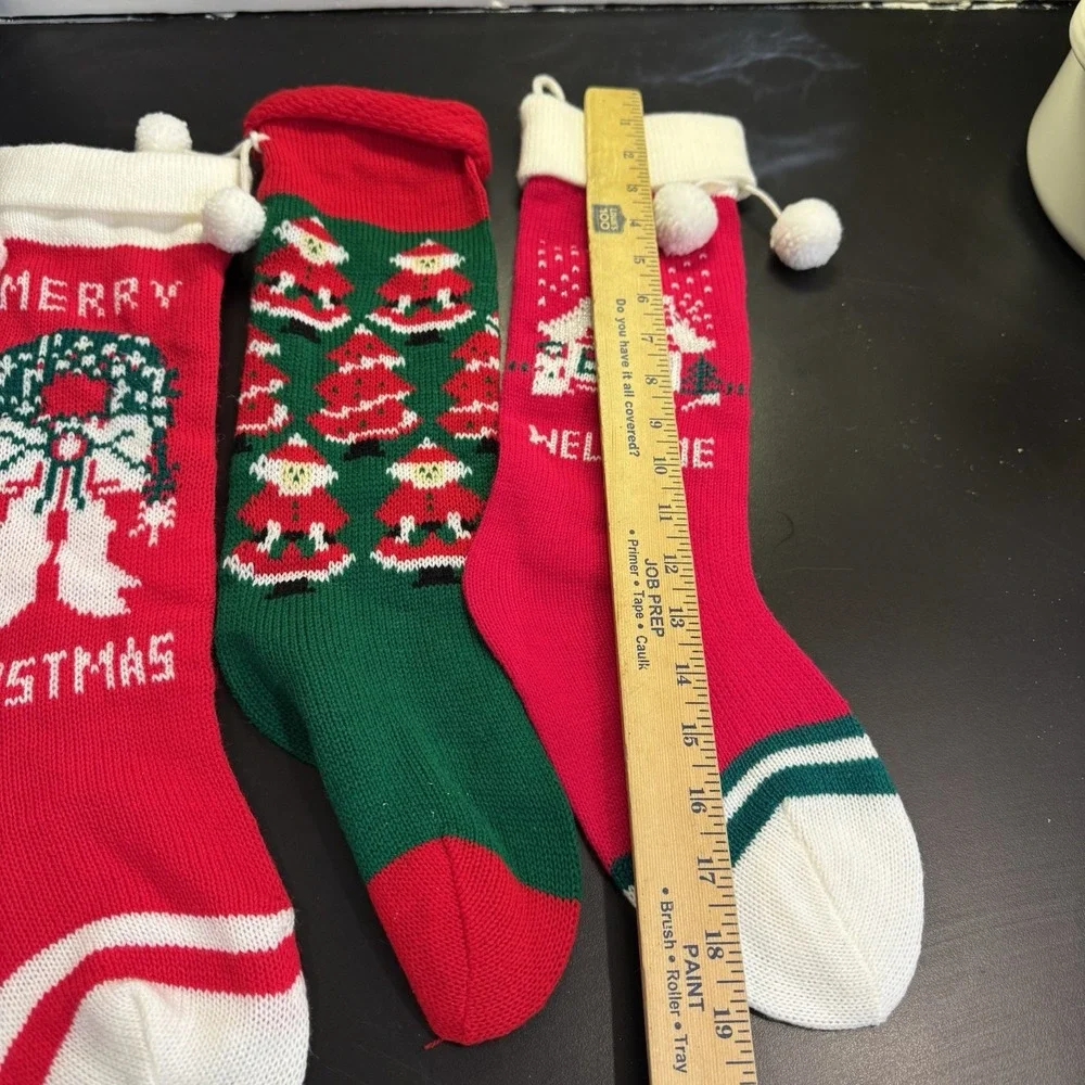 Lot Of 3 Vintage Knit Christmas Stockings Red Green Santa Tree Snowmen Santa‎